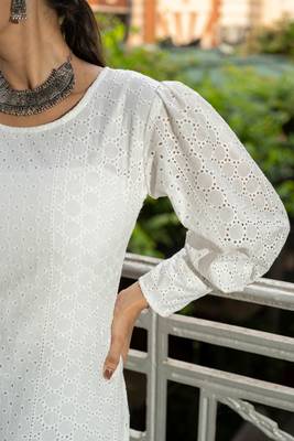 Weavllite Women's White  Cotton Schiffli  Embroidery Kurta 3
