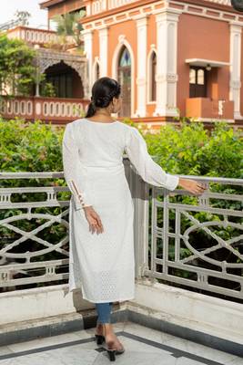 Weavllite Women's White  Cotton Schiffli  Embroidery Kurta 5
