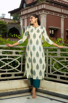 Weavllite Women's Off White  Cotton Flax Block printed Kurta 1