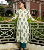 Weavllite Women's Off White  Cotton Flax Block printed Kurta
