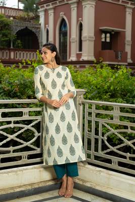 Weavllite Women's Off White  Cotton Flax Block printed Kurta 4