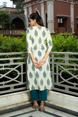 Weavllite Women's Off White  Cotton Flax Block printed Kurta 5