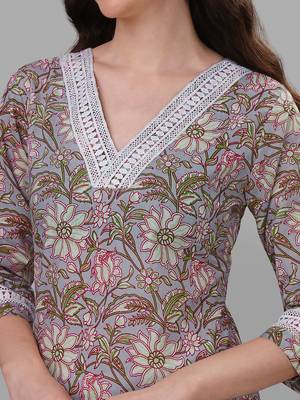 Weavllite Women's Grey  Pure Cotton Cambric Block printed Kurta 2