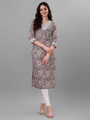 Weavllite Women's Grey  Pure Cotton Cambric Block printed Kurta 1