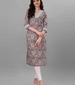 Weavllite Women's Grey  Pure Cotton Cambric Block printed Kurta