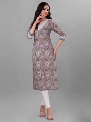 Weavllite Women's Grey  Pure Cotton Cambric Block printed Kurta 3