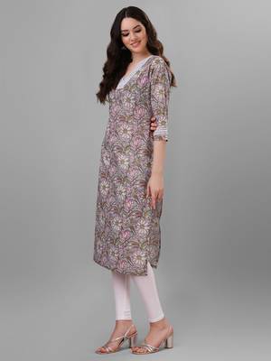 Weavllite Women's Grey  Pure Cotton Cambric Block printed Kurta 4