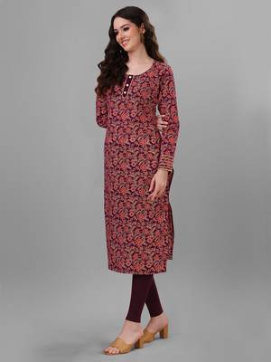 Weavllite Women's Maroon  Pure Cotton Cambric Block printed Kurta 3