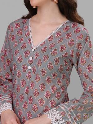 Weavllite Women's Grey  Pure Cotton Cambric Block printed Kurta 1