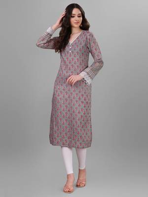 Weavllite Women's Grey  Pure Cotton Cambric Block printed Kurta 2