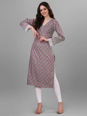 Weavllite Women's Grey  Pure Cotton Cambric Block printed Kurta 3