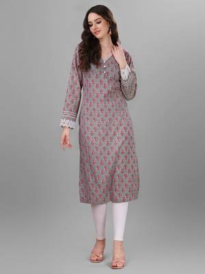 Weavllite Women's Grey  Pure Cotton Cambric Block printed Kurta 4