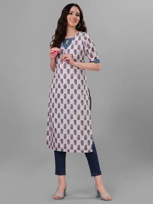 Weavllite Women's White  Pure Cotton Cambric Block printed Kurta 1