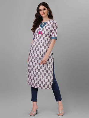 Weavllite Women's White  Pure Cotton Cambric Block printed Kurta 2