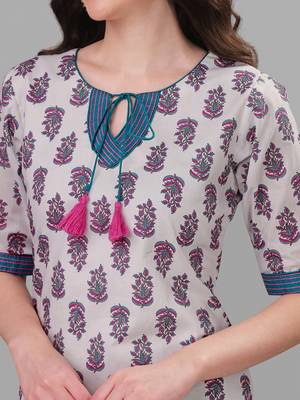 Weavllite Women's White  Pure Cotton Cambric Block printed Kurta 3