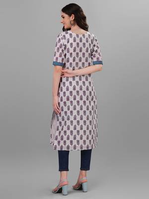 Weavllite Women's White  Pure Cotton Cambric Block printed Kurta 4