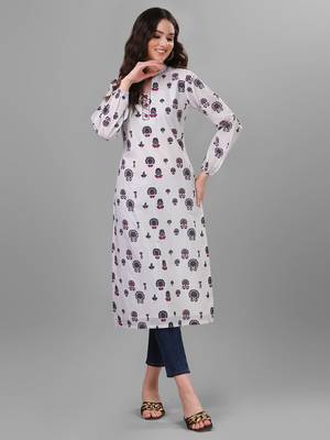 Weavllite Women's White  Pure Cotton Cambric Block printed Kurta 3