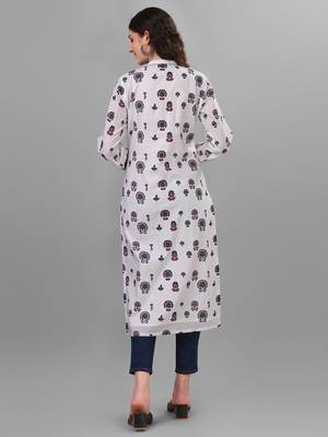 Weavllite Women's White  Pure Cotton Cambric Block printed Kurta 5