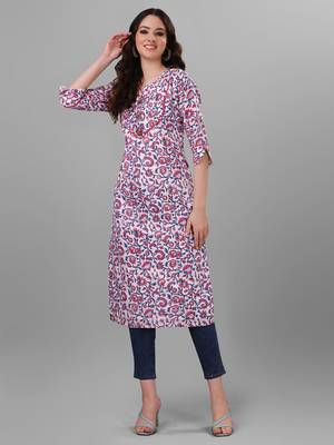 Weavllite Women's White  Pure Cotton Cambric Block printed Kurta 1