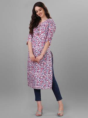 Weavllite Women's White  Pure Cotton Cambric Block printed Kurta 3