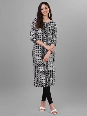 Weavllite Women's White  Pure Cotton Cambric Chevron Print Kurta 4