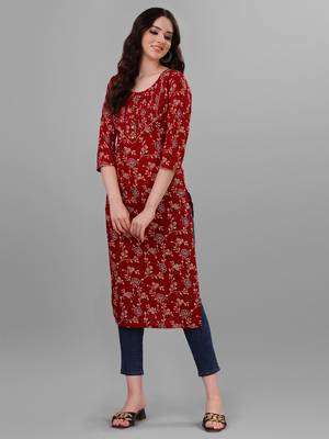Weavllite Women's Red  Pure Cotton Cambric Block printed Kurta 1