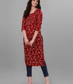Weavllite Women's Red  Pure Cotton Cambric Block printed Kurta