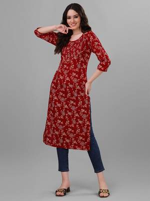 Weavllite Women's Red  Pure Cotton Cambric Block printed Kurta 3