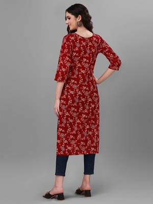 Weavllite Women's Red  Pure Cotton Cambric Block printed Kurta 4
