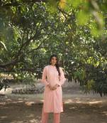 Weavllite Women's Peach Cotton Schiffli embroidered Kurta Set