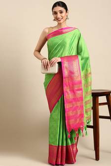 Parrot green woven silk blend saree with blouse