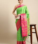 Parrot green woven silk blend saree with blouse