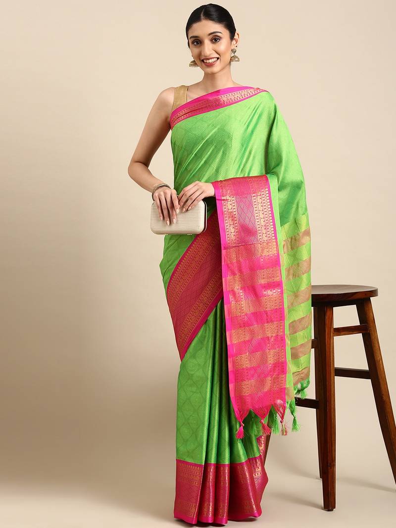 Parrot green woven silk blend saree with blouse