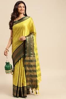 Dark yellow woven silk blend saree with blouse