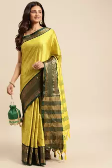 Dark yellow woven silk blend saree with blouse