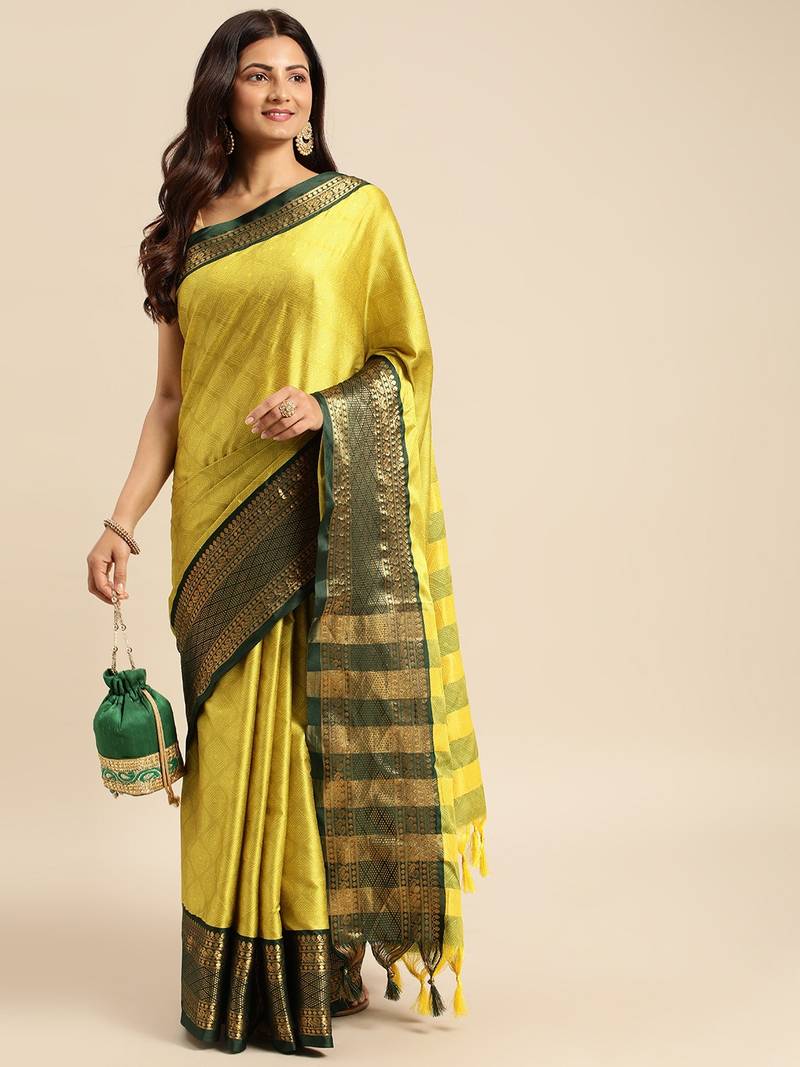 Dark yellow woven silk blend saree with blouse