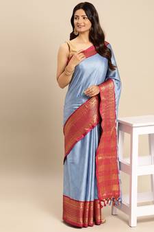 Light sky blue woven silk blend saree with blouse