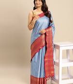 Light sky blue woven silk blend saree with blouse