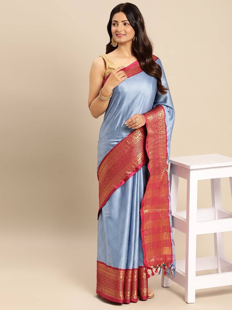 Light sky blue woven silk blend saree with blouse