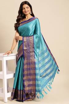 Aqua blue woven silk blend saree with blouse