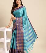 Aqua blue woven silk blend saree with blouse