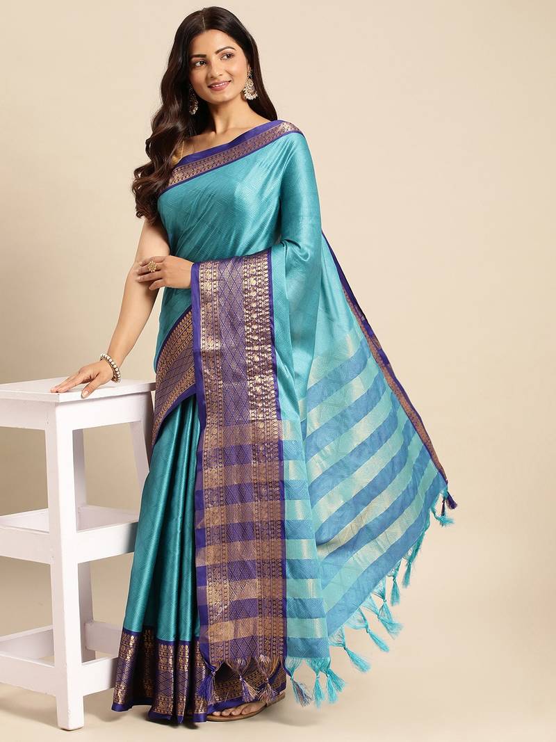 Aqua blue woven silk blend saree with blouse