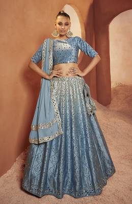 SKY BLUE SEQUINS EMBROIDERED WITH MIRROR WORK VELVET FESTIVE & PARTY WEAR SEMI STITCHED LEHENGA 1