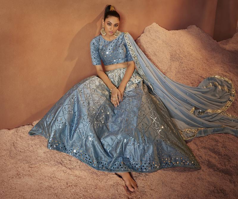 SKY BLUE SEQUINS EMBROIDERED WITH MIRROR WORK VELVET FESTIVE & PARTY WEAR SEMI STITCHED LEHENGA