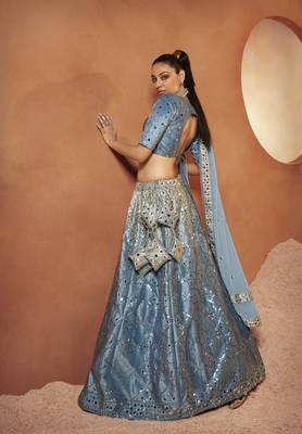 SKY BLUE SEQUINS EMBROIDERED WITH MIRROR WORK VELVET FESTIVE & PARTY WEAR SEMI STITCHED LEHENGA 3