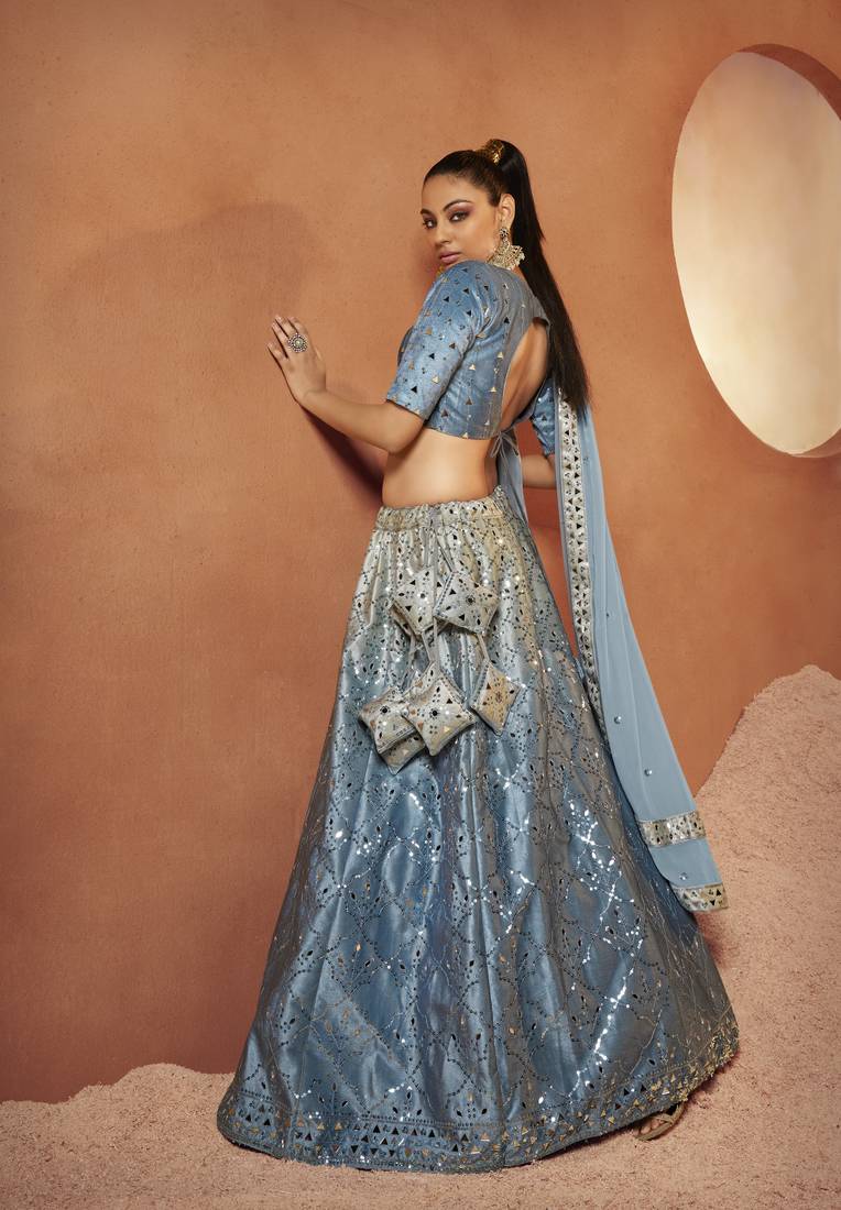 SKY BLUE SEQUINS EMBROIDERED WITH MIRROR WORK VELVET FESTIVE & PARTY WEAR SEMI STITCHED LEHENGA