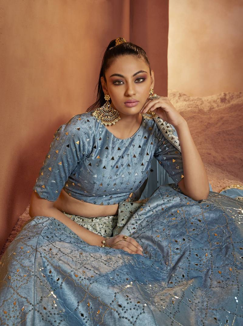 SKY BLUE SEQUINS EMBROIDERED WITH MIRROR WORK VELVET FESTIVE & PARTY WEAR SEMI STITCHED LEHENGA
