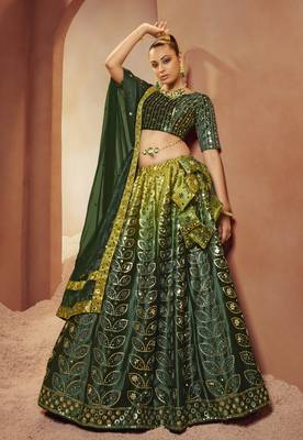 GREEN SEQUINS EMBROIDERED WITH MIRROR WORK VELVET FESTIVE & PARTY WEAR SEMI STITCHED LEHENGA 1