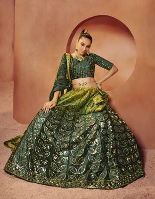 GREEN SEQUINS EMBROIDERED WITH MIRROR WORK VELVET FESTIVE & PARTY WEAR SEMI STITCHED LEHENGA 2