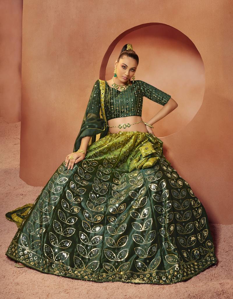 GREEN SEQUINS EMBROIDERED WITH MIRROR WORK VELVET FESTIVE & PARTY WEAR SEMI STITCHED LEHENGA